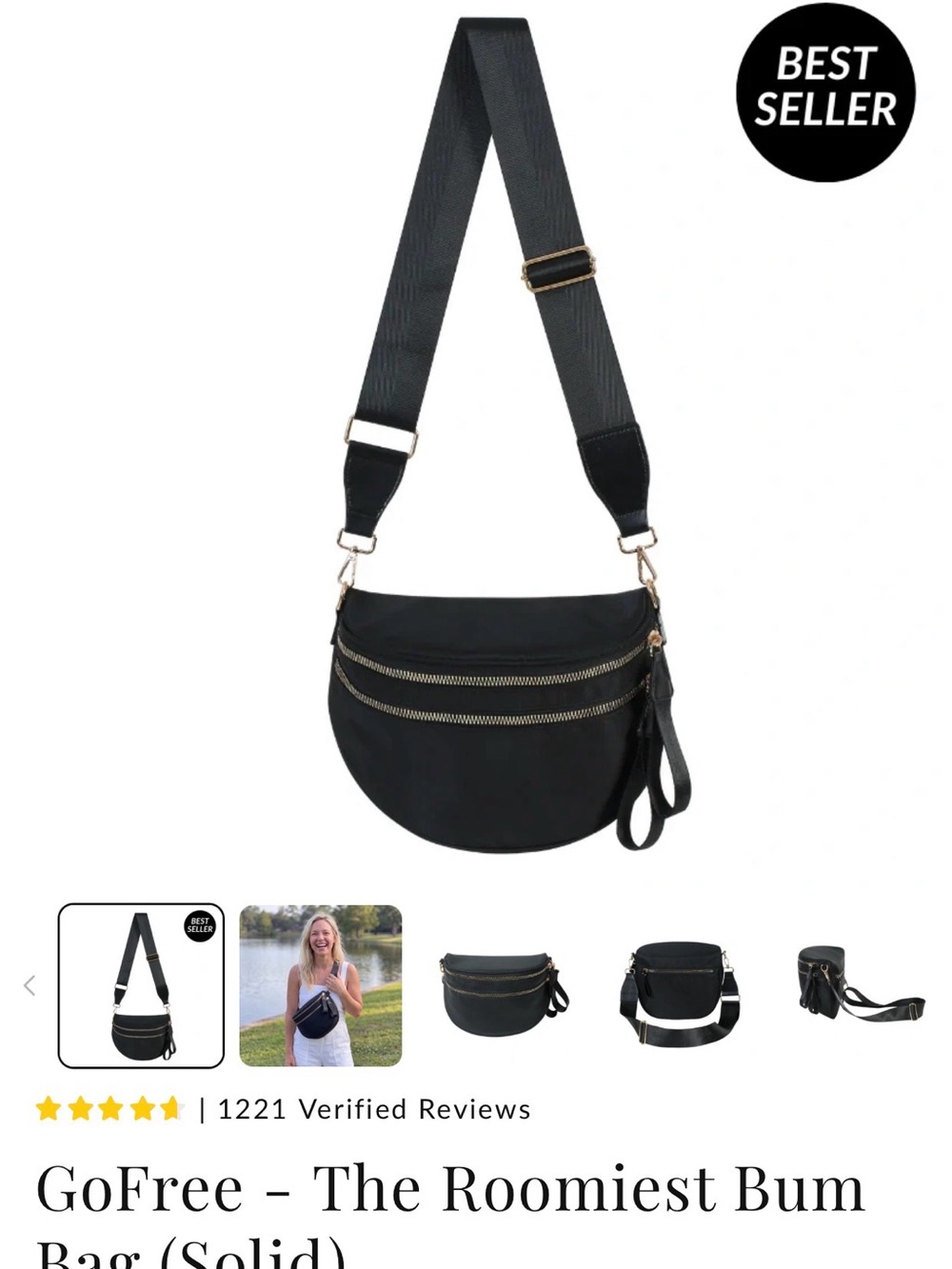 EMMAFY GoFree Black Crossbody Bum Bag with Gold Zippers